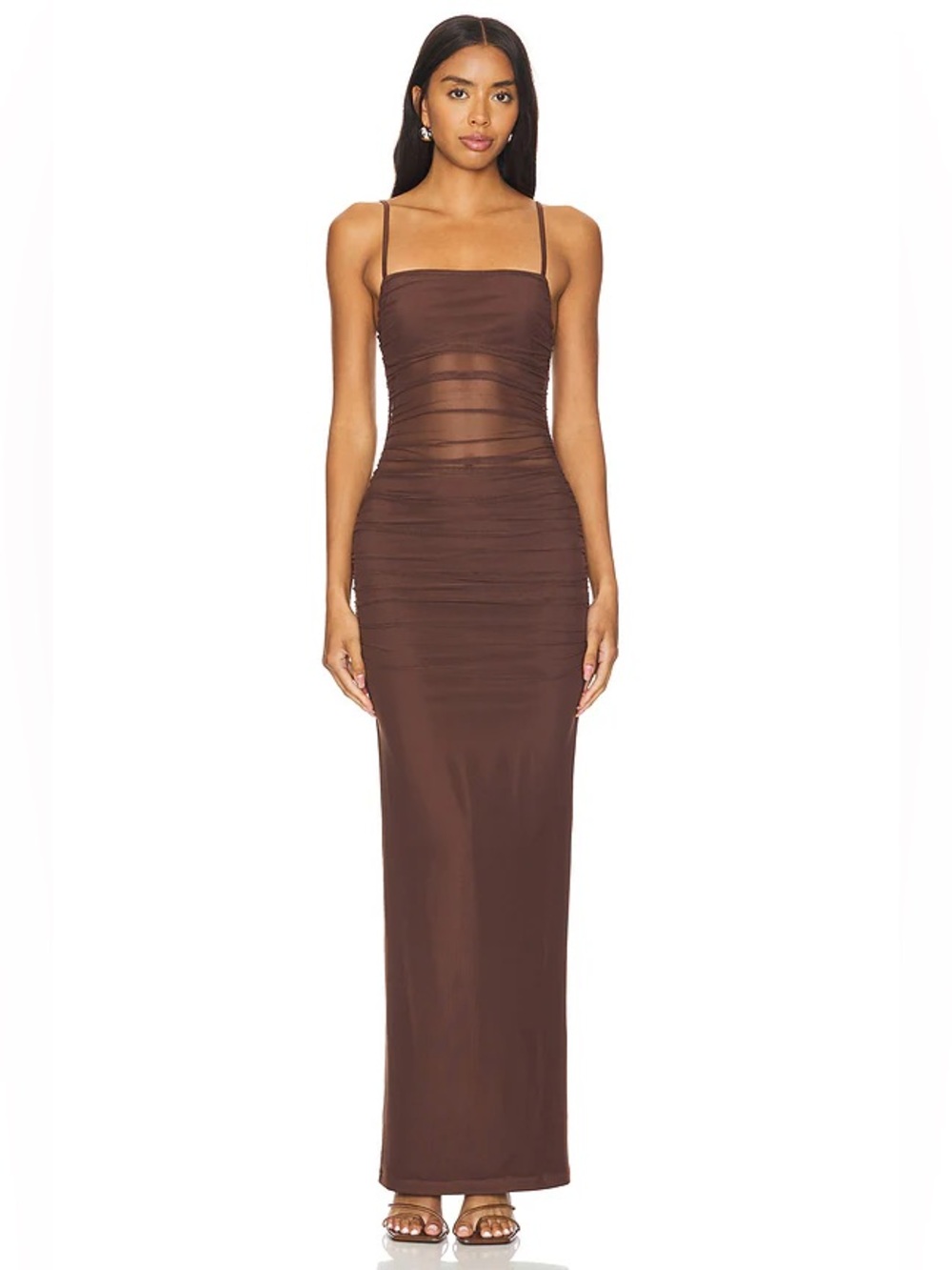 Superdown Revolve Chocolate Brown Sheer Mesh Ruched Draped Celeste Maxi Dress XS